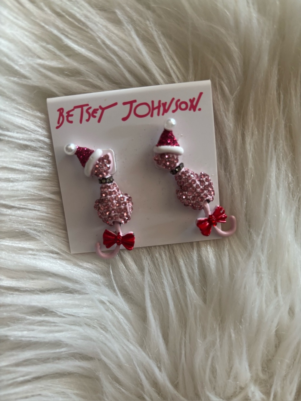 Betsey Johnson Pink Sparkle Santa Cat Drop Earrings